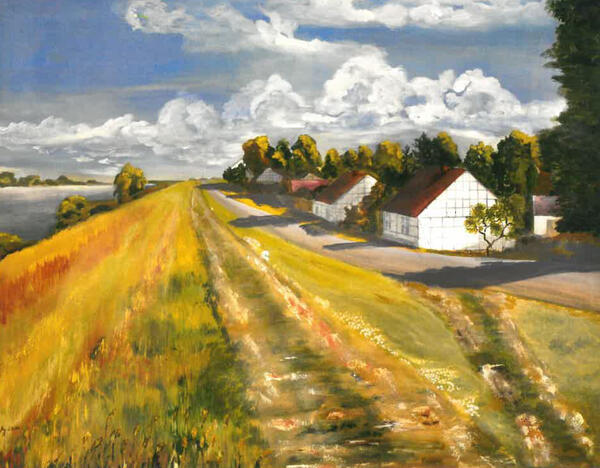 Bild vergrößern: Landschaft: rechts eine Ortschaft mit weißen Häusern, links ein gelbes Getreidefeld