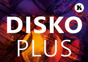 Schriftzug "Disko Plus" vor Buntem Hintergrund