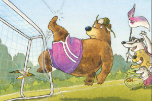 Ausschnitt Buch-Cover: Bär beim Fußballspielen
