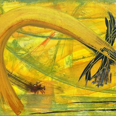 Bild vergr&ouml;&szlig;ern: Gelbes Bild mit einem gro&szlig;en schwungvollen Tor im Bildzentrum