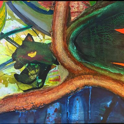 Bild vergr&ouml;&szlig;ern: Urwaldartiger Hintergrund, dunkler Raubtierkopf in der Mitte