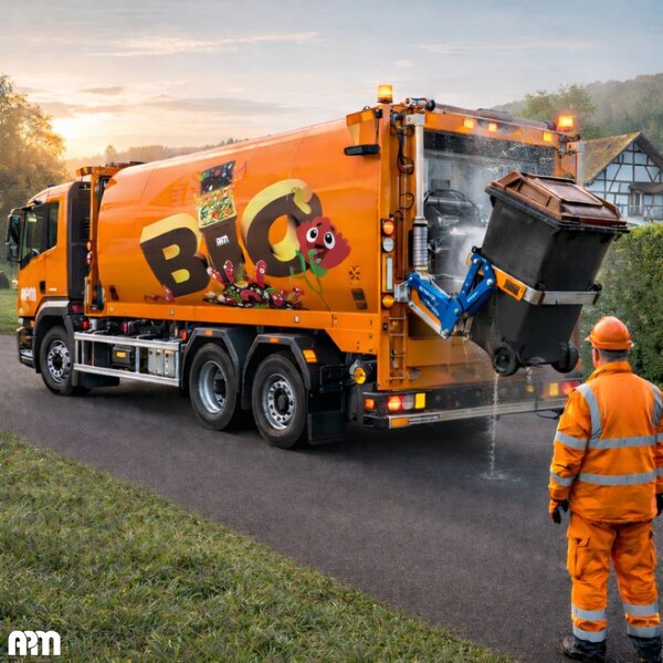 Das Foto zeigt einen APM-M&uuml;llwagen f&uuml;r Bio-Abf&auml;lle.