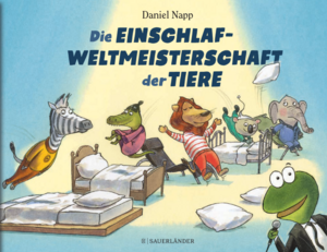 mehrere wilde Tiere springen in Betten, ein Frosch h&auml;lt ein Mikrofon