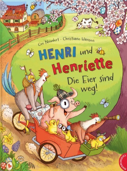 Huhn f&auml;hrt Fahrrad, Schwein und K&uuml;ken fahren in einem Korb mit