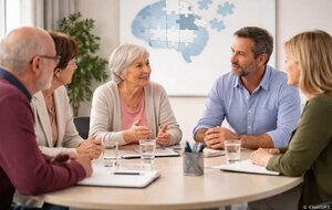 Das Bild zeigt zwei M&auml;nner und zwei Frauen im Gespr&auml;ch an einem Tisch sitzend.