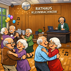 Das KI-generierte Comic-Bild zeigt fr&ouml;hliche Seniorinnen und Senioren beim Tanz.