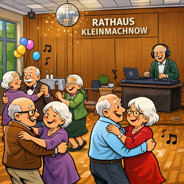 Bild vergr&ouml;&szlig;ern: Das KI-generierte Comic-Bild zeigt fr&ouml;hliche Seniorinnen und Senioren beim Tanz.