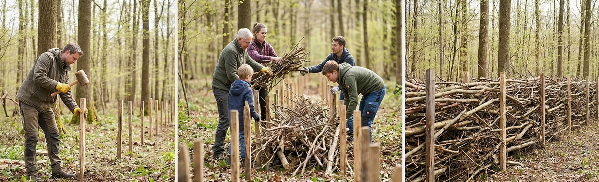 Die Fotos zeigen die Abfolge beim Bau einer Benjeshecke (mit Gemini generiert)