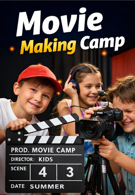 Bild vergr&ouml;&szlig;ern: Das Bild zeigt drei Kinder mit Regieklappe, Kamera und Kofh&ouml;rern.