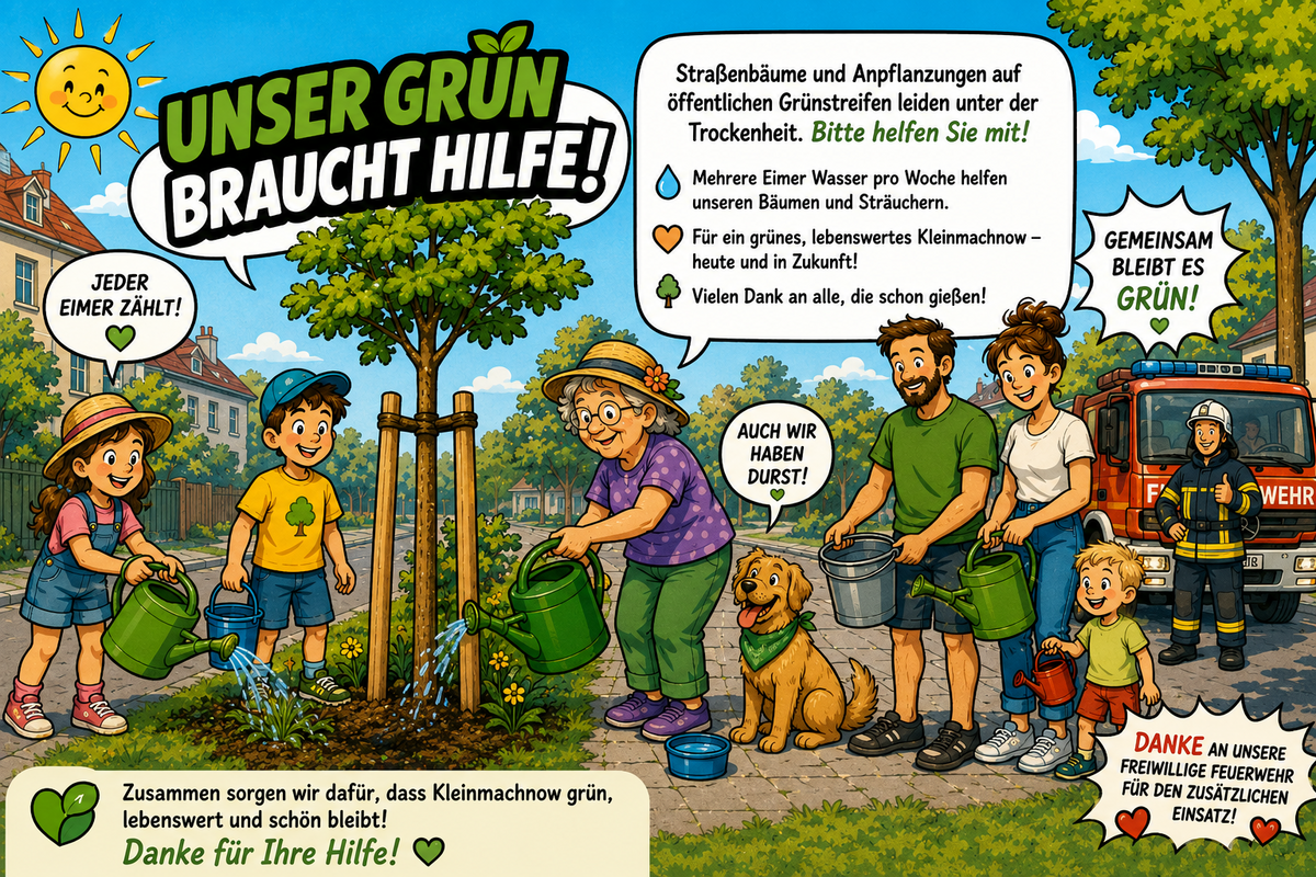 Das KI-generierte Bild ruft zum Bew&auml;ssern von Stra&szlig;enb&auml;umen auf
