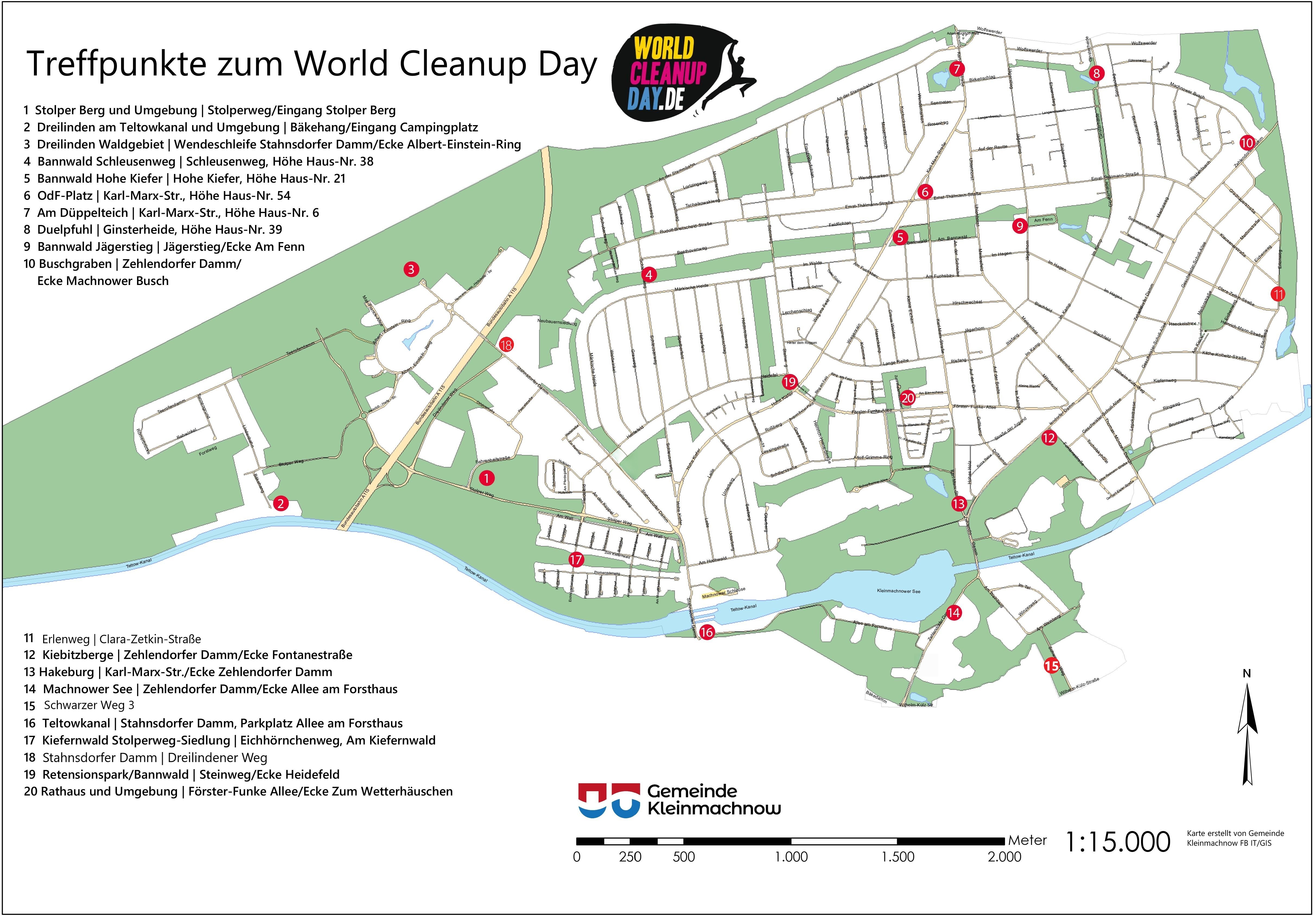 Bild vergr&ouml;&szlig;ern: Die Karte zeigt die verschiedenen Treffpunkte zum World Cleanup Day 2026 in Kleinmachnow.