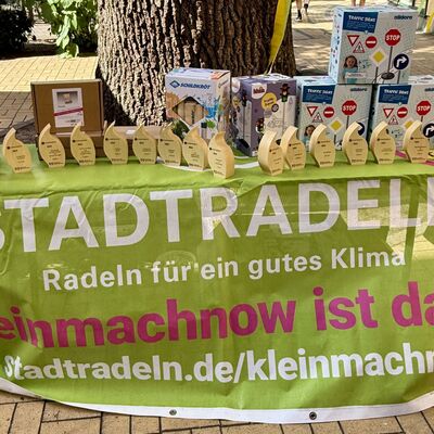 Bild vergr&ouml;&szlig;ern: Das Foto zeigt die Holz-Pokale und Geschenke f&uuml;r die erfolgreichen Teilnehmer des diesj&auml;hrigen STADTRADELNS in Kleinmachnow