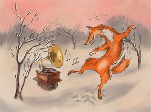 Tanzender Fuchs vor Grammophon