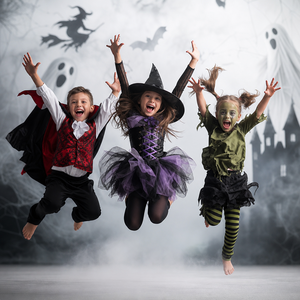 Das Bild zeigt drei Kinder in Halloween-Kost&uuml;men, die fr&ouml;hlich in die Luft springen