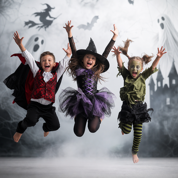 Bild vergr&ouml;&szlig;ern: Das Bild zeigt drei Kinder in Halloween-Kost&uuml;men, die fr&ouml;hlich in die Luft springen