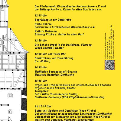Das Bild zeigt das Programm am Tag des Offenen Denkmals am 13. September 2026 im Alten Schulhaus sowie in der Dorfkirche in Kleinbmachnow.