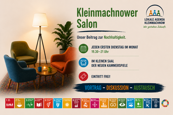 Das Bild informiert &uuml;ber den Kleinmachnower Salon, der jeden ersten Dienstag im Monat im Kleinen Saal in den Neuen Kammerspielen stattfindet