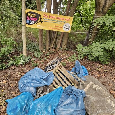 Bild vergr&ouml;&szlig;ern: Das Foto zeigt M&uuml;ll und Unrat, der am 19. September im Rahmen des World Cleanup Days 2026 in Kleinmachnow gesammelt wurde.