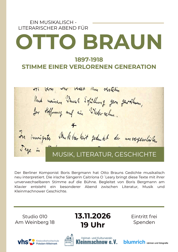 Bild vergr&ouml;&szlig;ern: Das Bild zeigt die Einladung zum Musikalisch-Literarischen Abend f&uuml;r Otto Braun