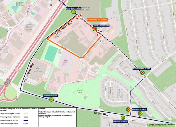 Das Bild zeigt den Umleitungsplan f&uuml;r Kfz- und Busverkehr am -Stahnsdorfer Damm w&auml;hrend der Bauma&szlig;nhamen
