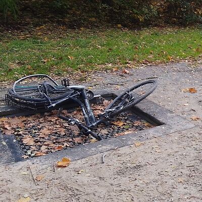 Bild vergr&ouml;&szlig;ern: Das Foto zeigt ein demoliertes Fahrrad auf dem Spielplatz an der F&ouml;rster-Funke-Allee