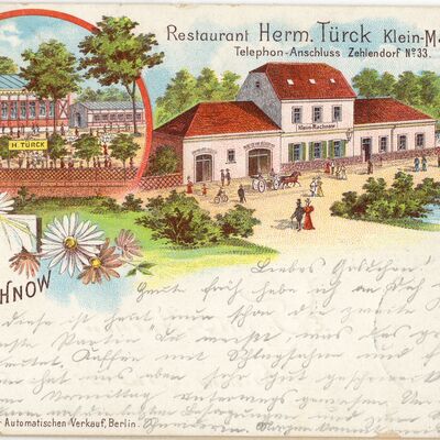Bild vergrößern: Ausstellung. Historische Postkarten: Eine der ältesten Postkarten, die einen Blick auf das alte Klein-Machnow ermöglichen