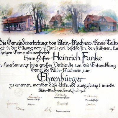 Bild vergrößern: Ehrenbürgerurkunde für Heinrich Funke mit aquarellierten Dorfansichten