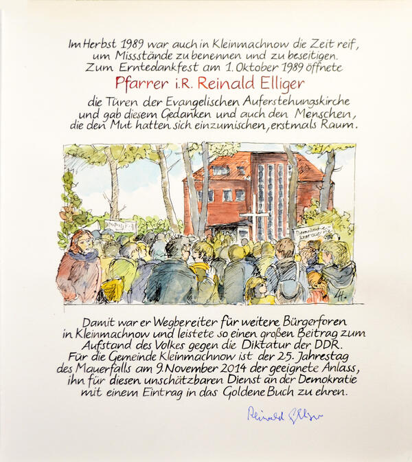 Bild vergr&ouml;&szlig;ern: Die von Lydia Hurtienne gestaltete Seite im Goldenen Buch zeigt die Auferstehungskirche, vor der sich die Kleinmachnower in gro&szlig;er Zahl versammeln