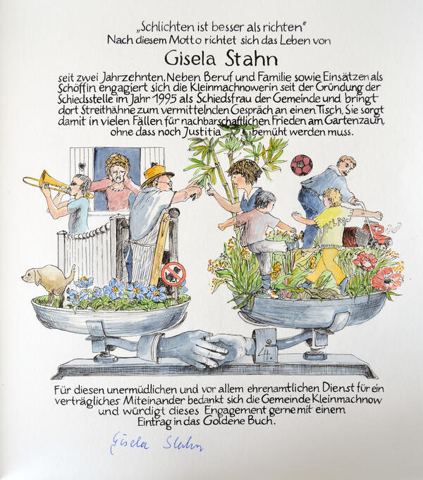 Bild vergr&ouml;&szlig;ern: Der von Lydia Hurtienne gestaltete Eintrag zeigt auf einer Waage die vielen Konfliktthemen, die es in der Schiedsstelle zu kl&auml;ren gilt