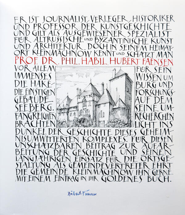 Bild vergr&ouml;&szlig;ern: Der Eintrag im Goldenen Buch von Rainer Ehrt f&uuml;r Prof. Dr. Faensen